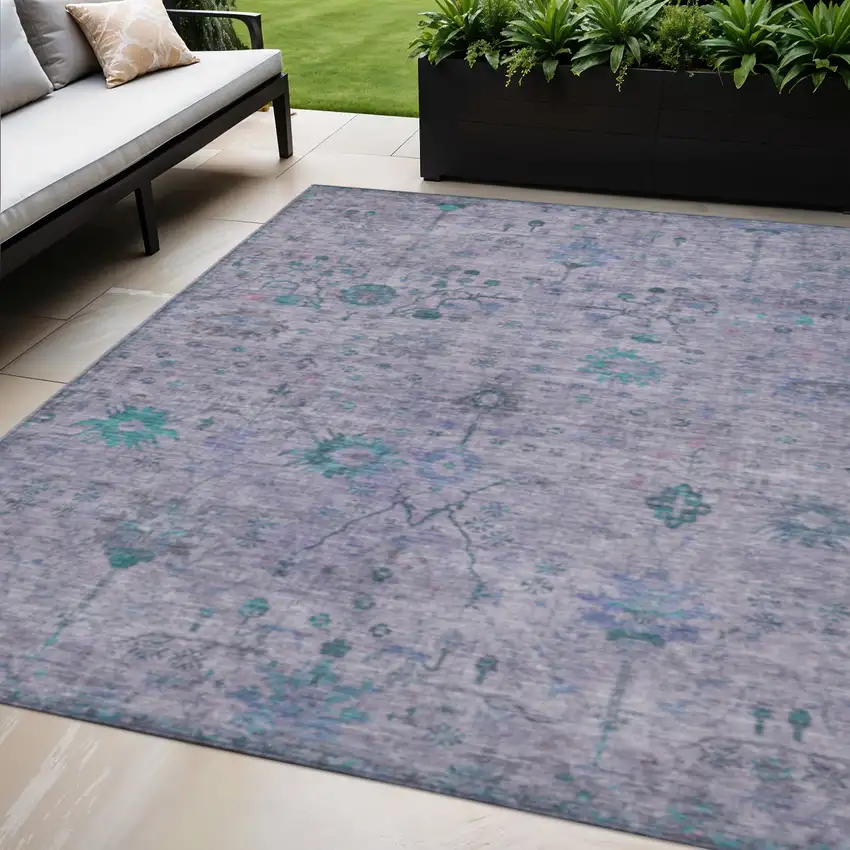 Lavender And Teal Blue Floral Washable Indoor Outdoor Area Rug Photo 2