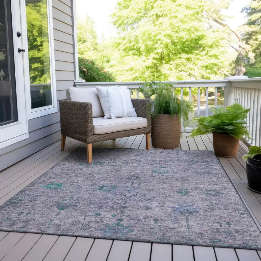 Lavender And Teal Blue Floral Washable Indoor Outdoor Area Rug Photo 8