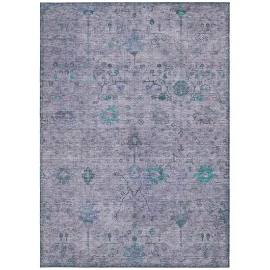 Lavender And Teal Blue Floral Washable Indoor Outdoor Area Rug Photo 4