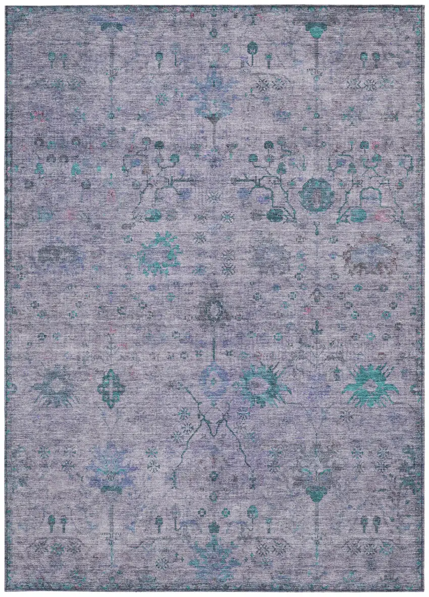 Lavender And Teal Blue Floral Washable Indoor Outdoor Area Rug Photo 4