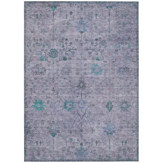 Lavender And Teal Blue Floral Washable Indoor Outdoor Area Rug Photo 1