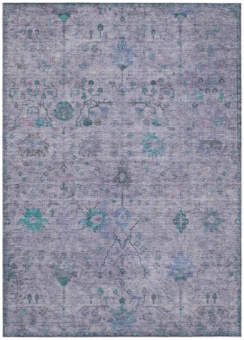 Lavender And Teal Blue Floral Washable Indoor Outdoor Area Rug Photo 1