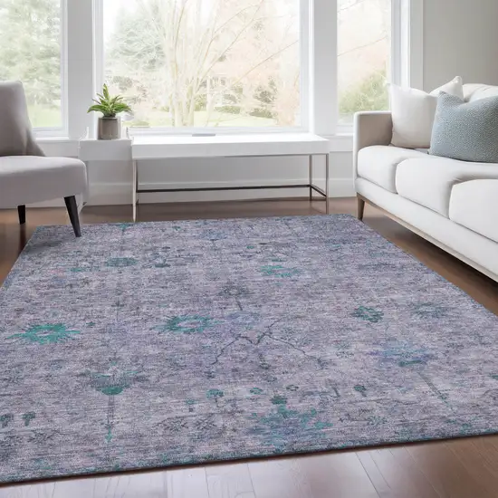 Lavender And Teal Blue Floral Washable Indoor Outdoor Area Rug Photo 7