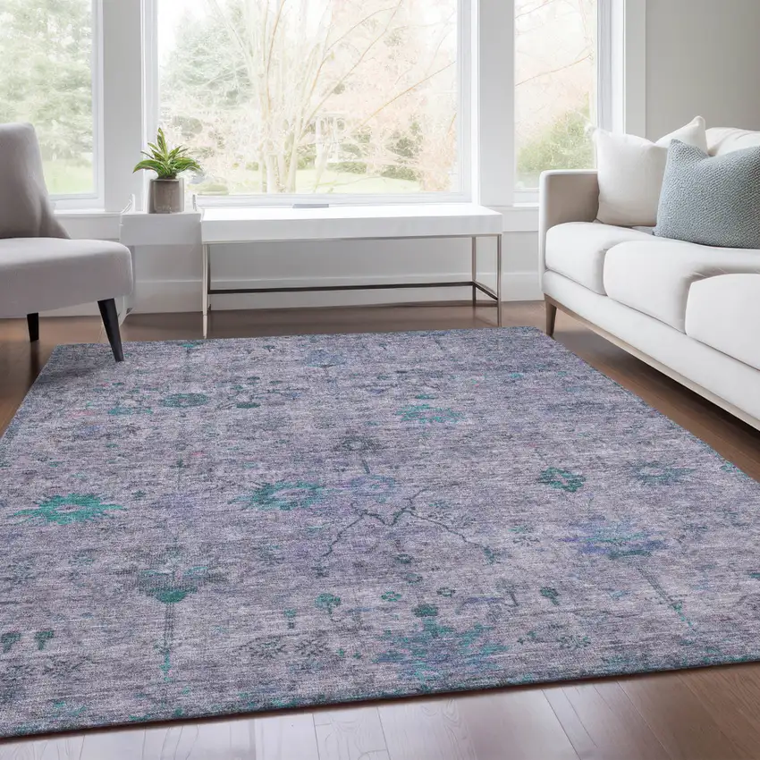 Lavender And Teal Blue Floral Washable Indoor Outdoor Area Rug Photo 7