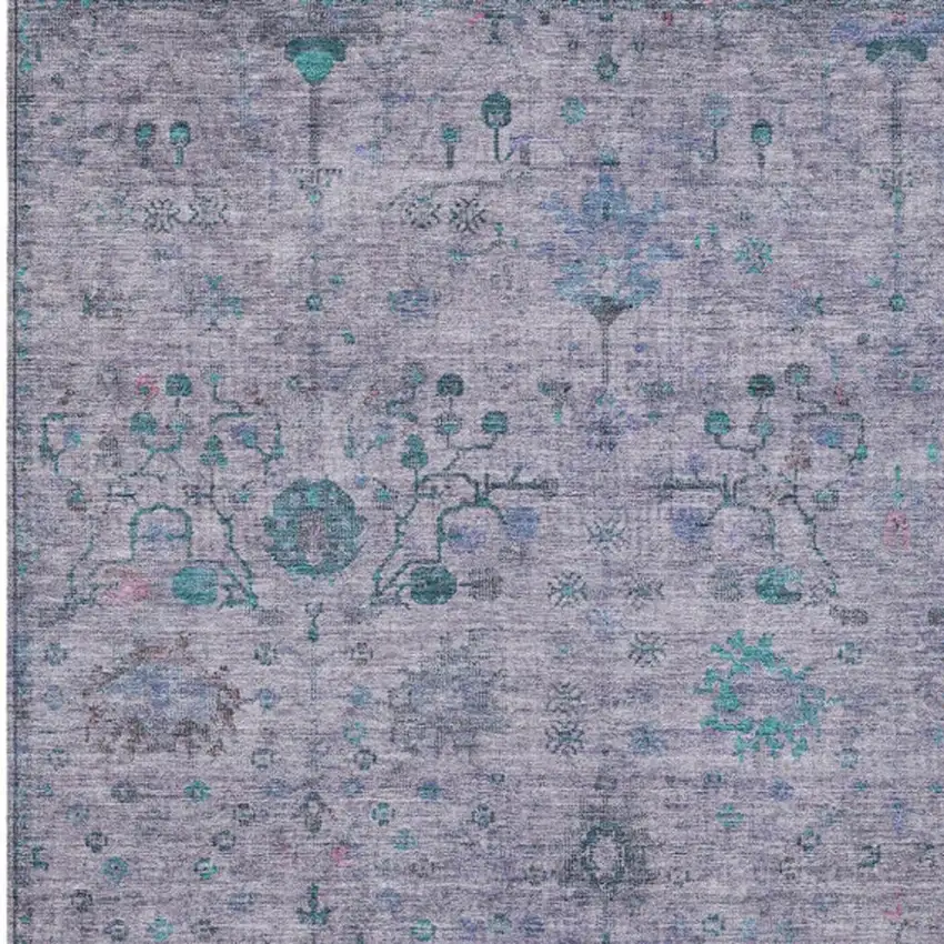 Lavender And Teal Blue Floral Washable Indoor Outdoor Area Rug Photo 3