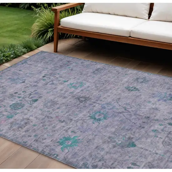 Lavender And Teal Blue Floral Washable Indoor Outdoor Area Rug Photo 2