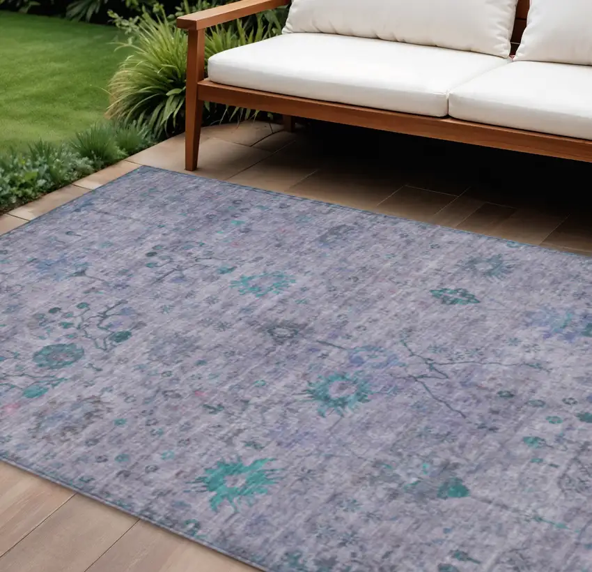 Lavender And Teal Blue Floral Washable Indoor Outdoor Area Rug Photo 2