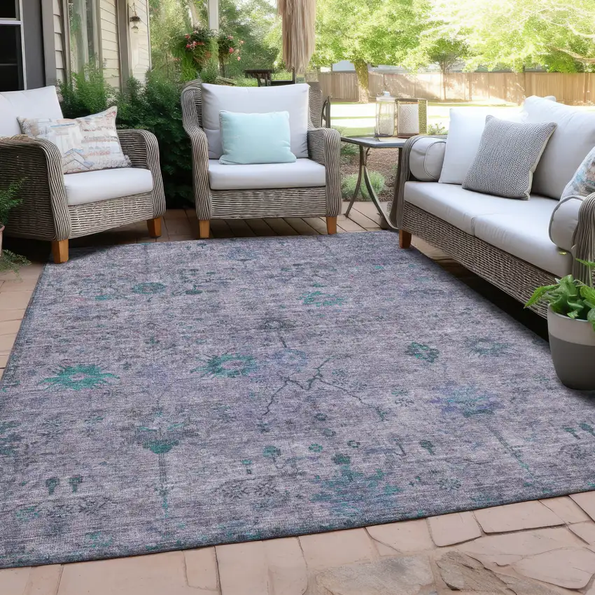 Lavender And Teal Blue Floral Washable Indoor Outdoor Area Rug Photo 5