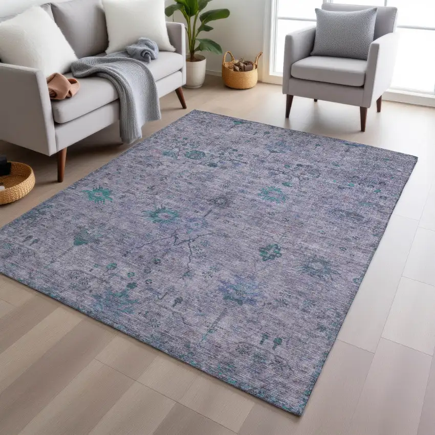 Lavender And Teal Blue Floral Washable Indoor Outdoor Area Rug Photo 6