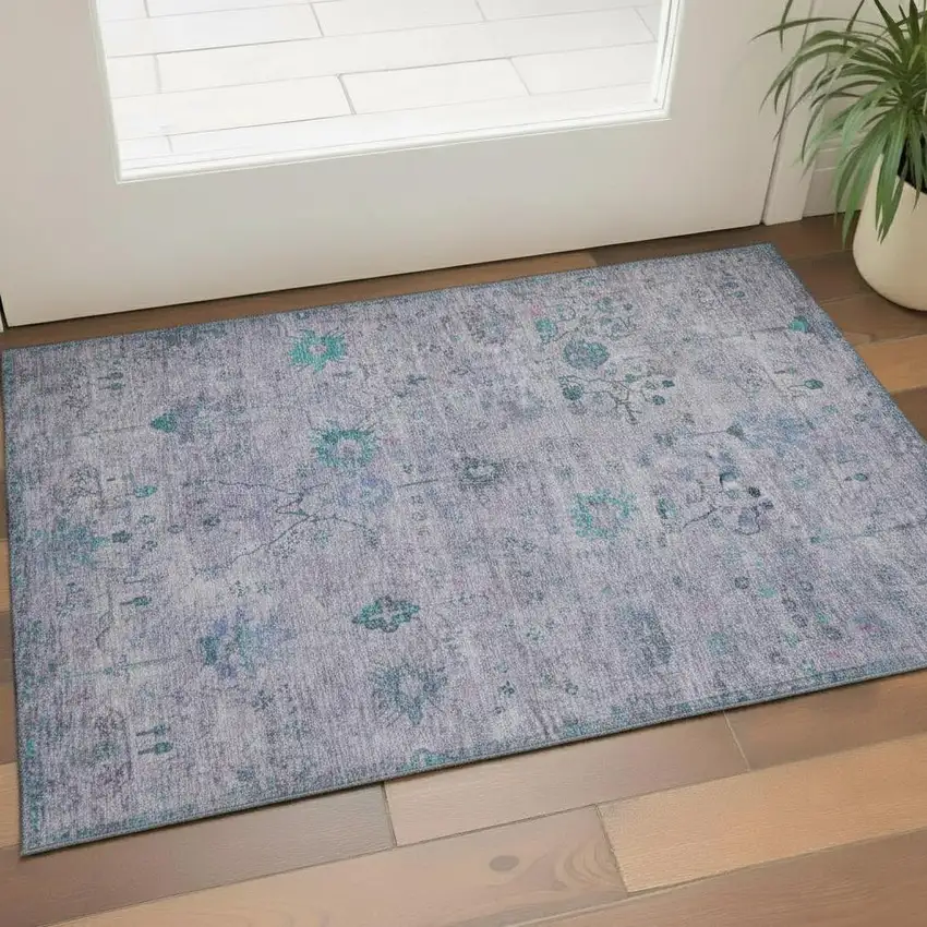 Lavender And Teal Oriental Washable Area Rug With UV Protection Photo 2