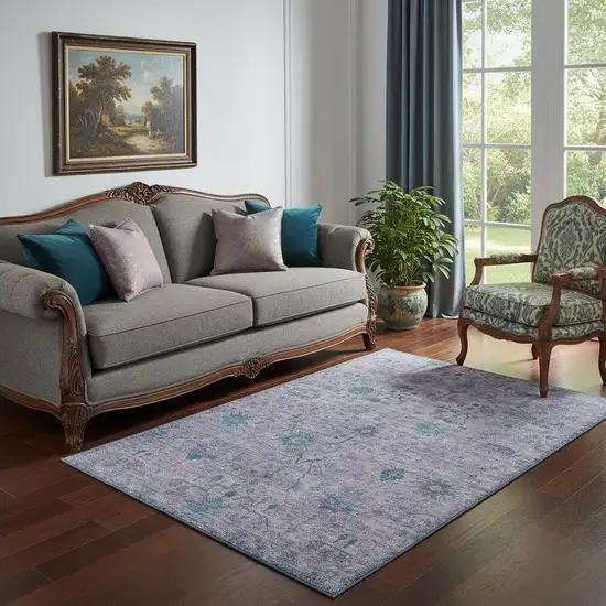 Lavender And Teal Oriental Washable Area Rug With UV Protection Photo 2