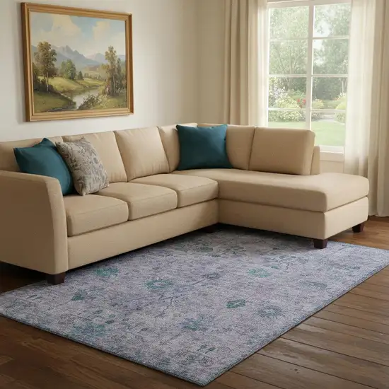 Lavender And Teal Oriental Washable Area Rug With UV Protection Photo 2