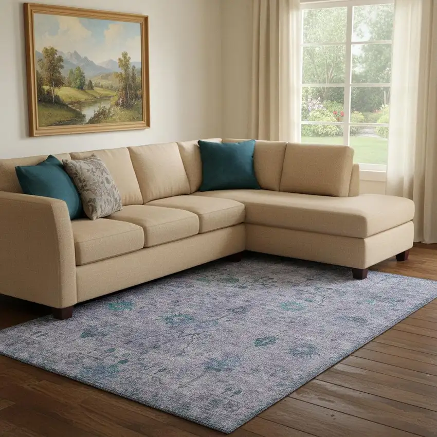 Lavender And Teal Oriental Washable Area Rug With UV Protection Photo 2