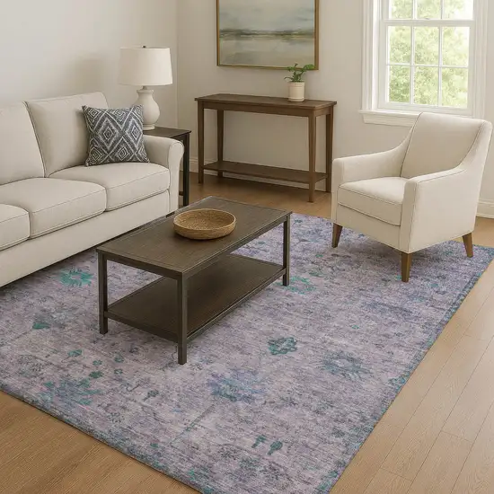 Lavender And Teal Oriental Washable Area Rug With UV Protection Photo 6