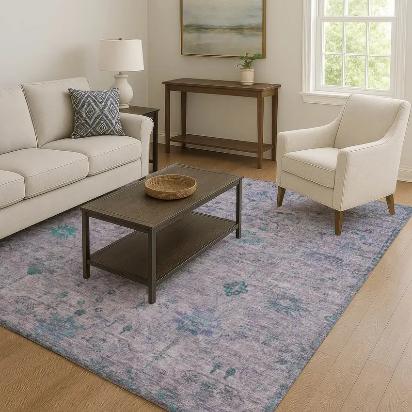 Lavender And Teal Oriental Washable Area Rug With UV Protection Photo 6