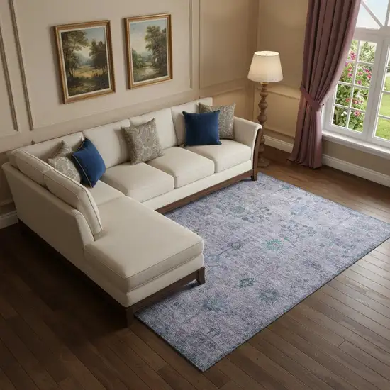 Lavender And Teal Oriental Washable Area Rug With UV Protection Photo 2