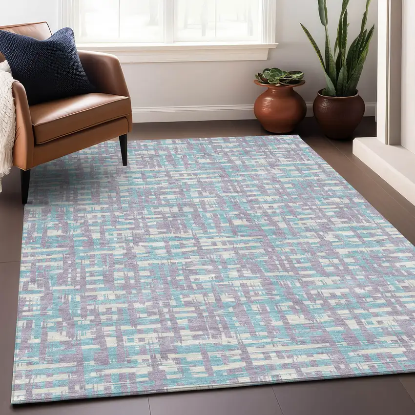 Lavender Aqua And Beige Abstract Washable Indoor Outdoor Area Rug Photo 9