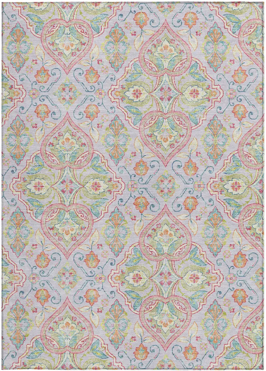 Lavender Artichoke Green And Pink Ogee Washable Indoor Outdoor Area Rug Photo 3