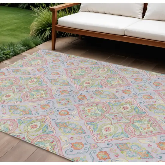 Lavender Artichoke Green And Pink Ogee Washable Indoor Outdoor Area Rug Photo 2