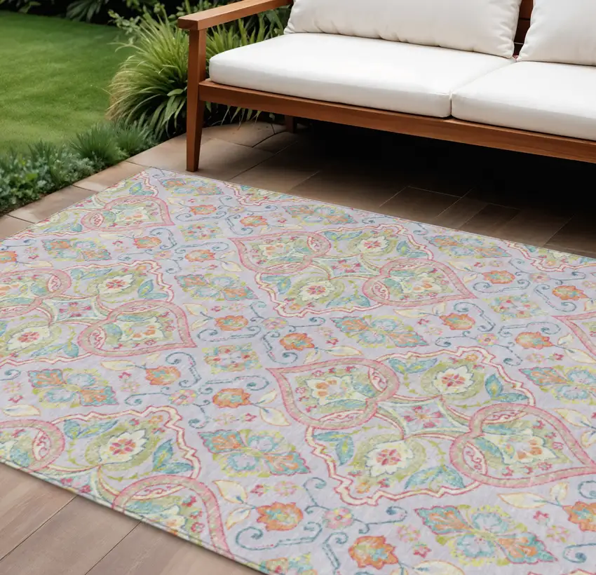 Lavender Artichoke Green And Pink Ogee Washable Indoor Outdoor Area Rug Photo 2