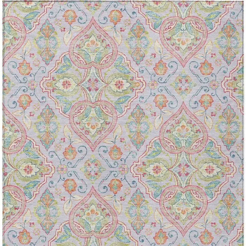Lavender Artichoke Green And Pink Ogee Washable Indoor Outdoor Area Rug Photo 4