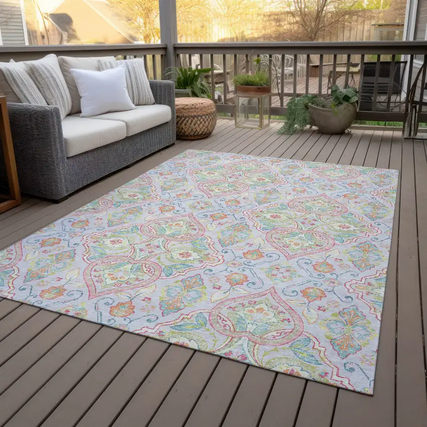 Lavender Artichoke Green And Pink Ogee Washable Indoor Outdoor Area Rug Photo 9