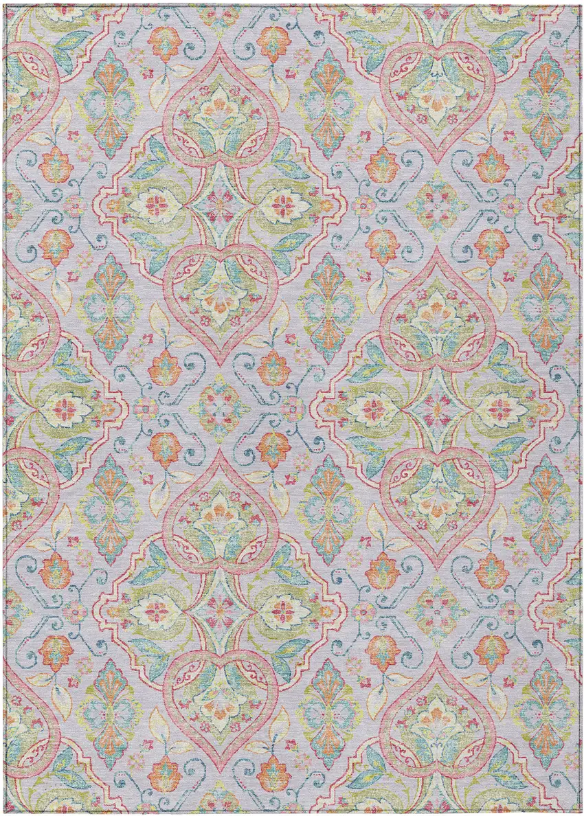 Lavender Artichoke Green And Pink Ogee Washable Indoor Outdoor Area Rug Photo 1