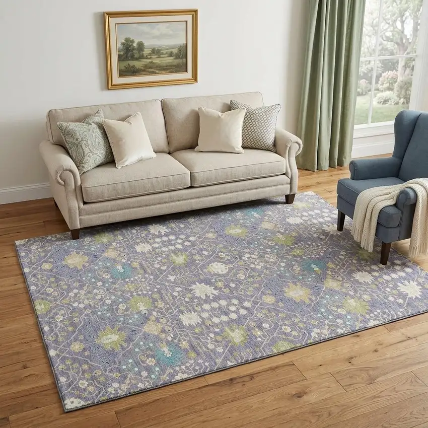 Lavender Beige And Blue Oriental Washable Area Rug With UV Protection Photo 1