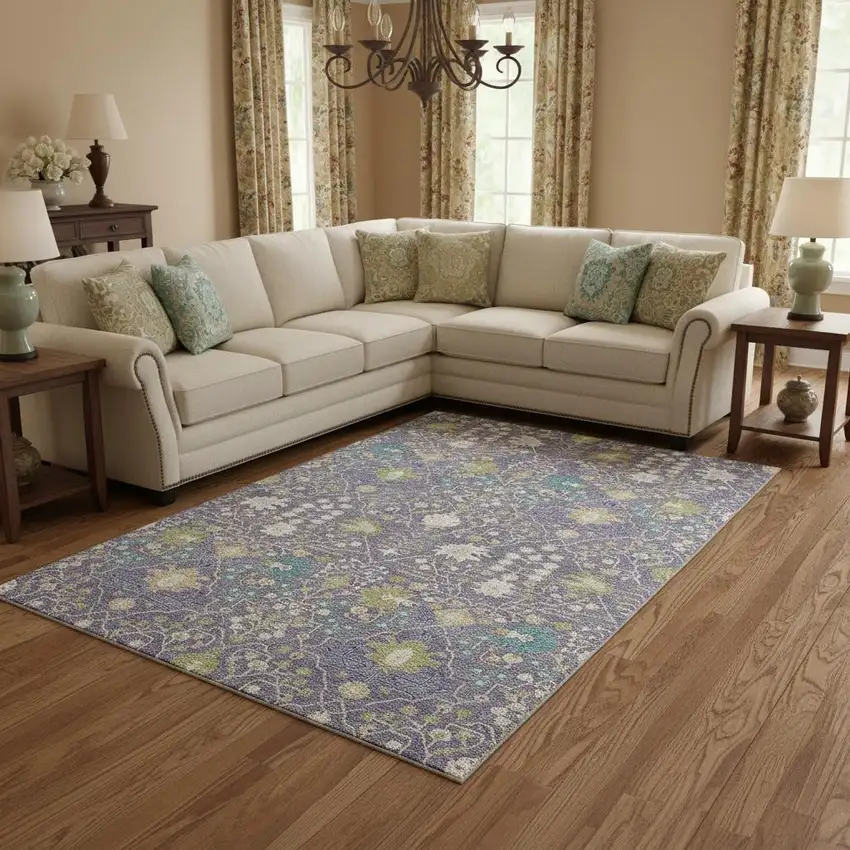 Lavender Beige And Blue Oriental Washable Area Rug With UV Protection Photo 2