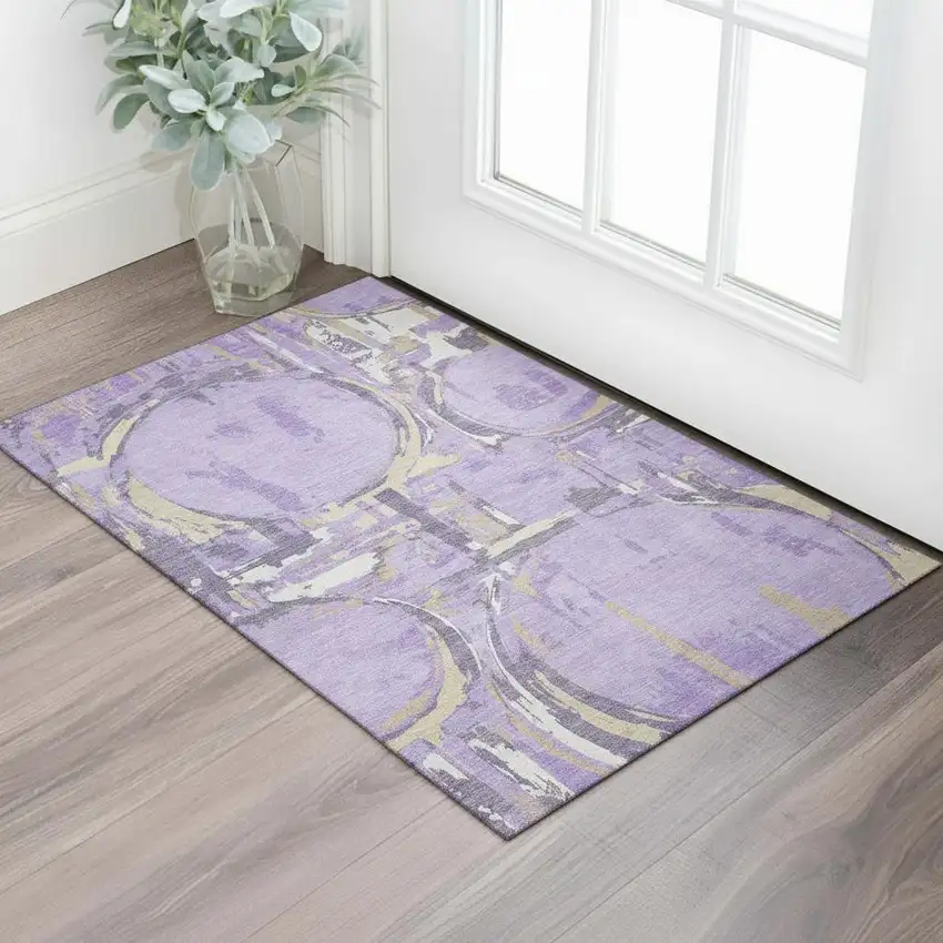 Lavender Beige And Gray Geometric Washable Area Rug With UV Protection Photo 1
