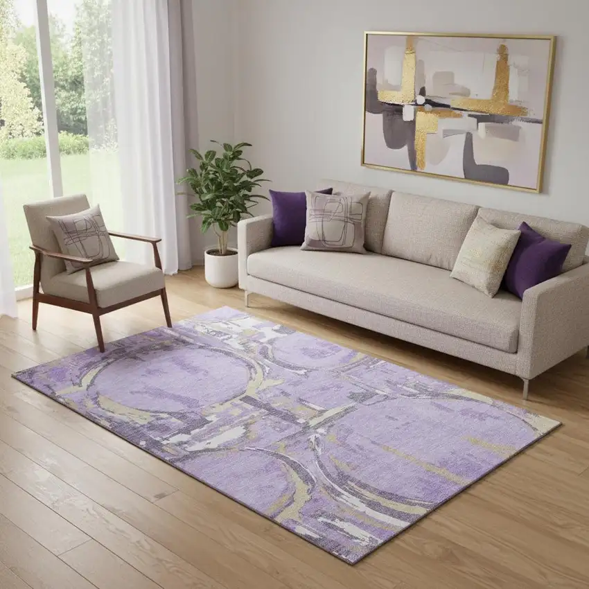 Lavender Beige And Gray Geometric Washable Area Rug With UV Protection Photo 1