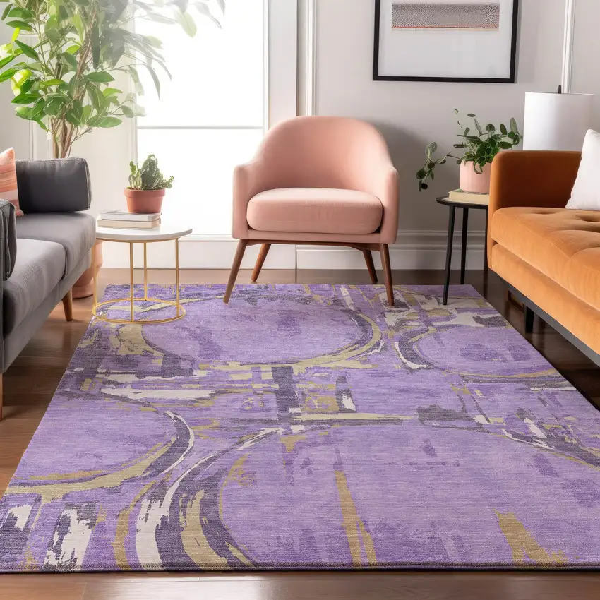 Lavender Beige And Gray Geometric Washable Area Rug With UV Protection Photo 5