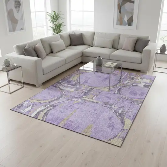 Lavender Beige And Gray Geometric Washable Area Rug With UV Protection Photo 2