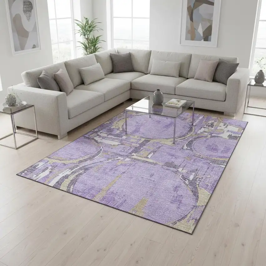Lavender Beige And Gray Geometric Washable Area Rug With UV Protection Photo 2
