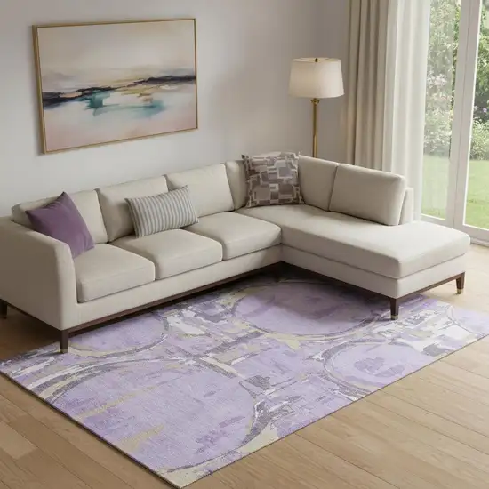 Lavender Beige And Gray Geometric Washable Area Rug With UV Protection Photo 1