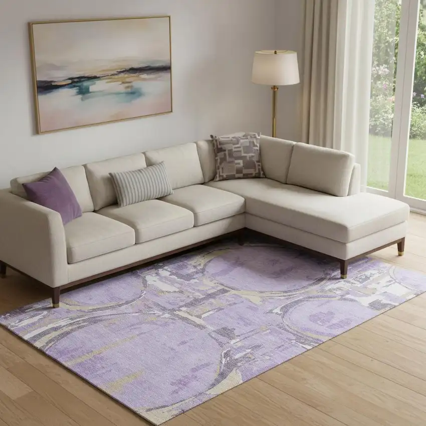 Lavender Beige And Gray Geometric Washable Area Rug With UV Protection Photo 1