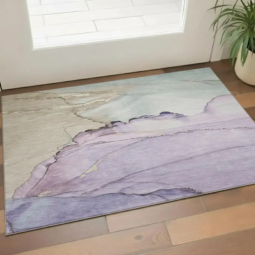 Lavender Beige And Ivory Abstract Washable Area Rug With UV Protection Photo 2