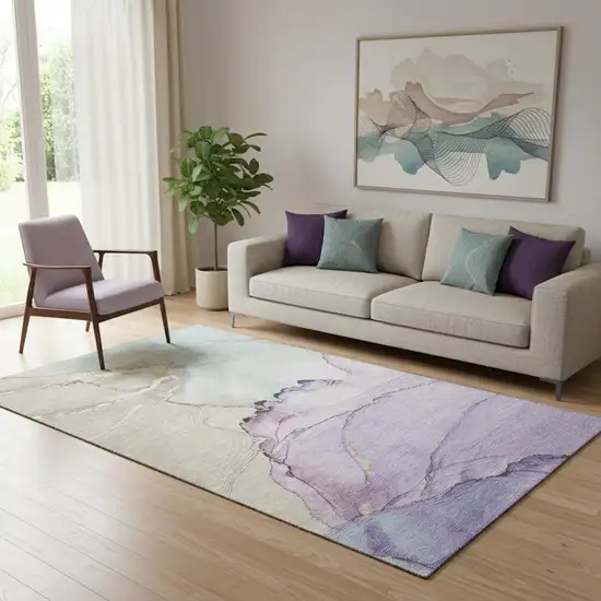 Lavender Beige And Ivory Abstract Washable Area Rug With UV Protection Photo 2