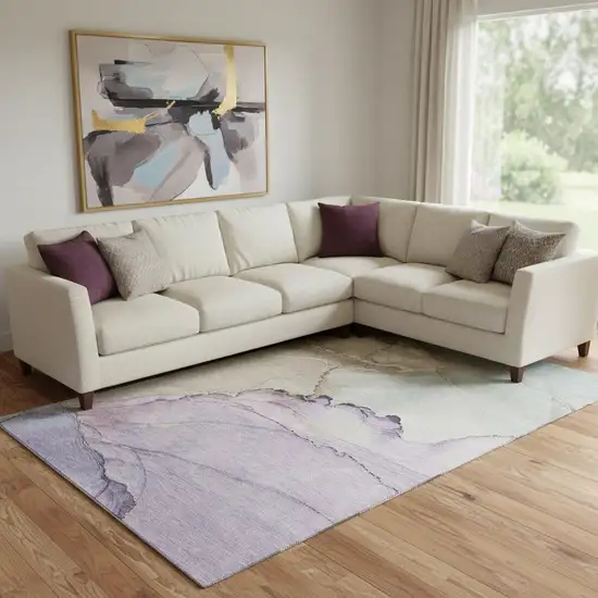 Lavender Beige And Ivory Abstract Washable Area Rug With UV Protection Photo 2