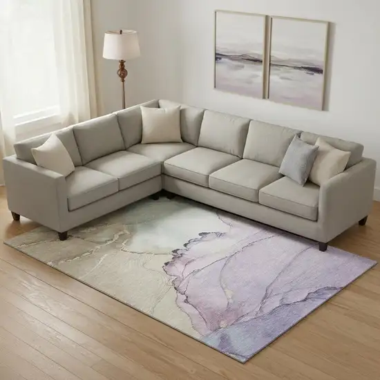 Lavender Beige And Ivory Abstract Washable Area Rug With UV Protection Photo 2