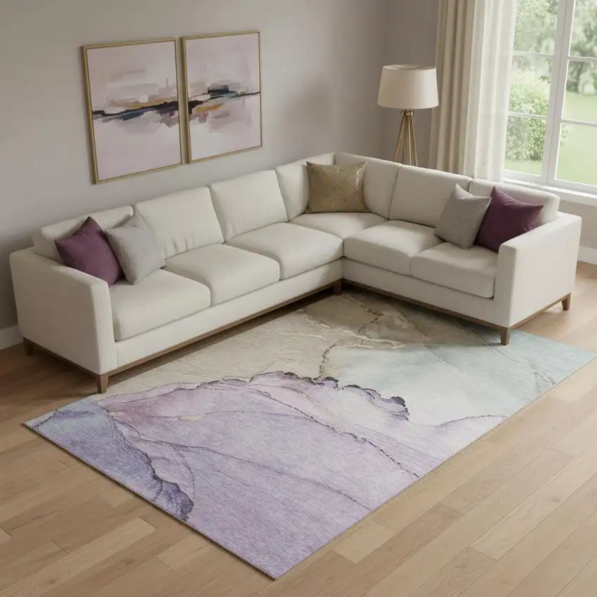 Lavender Beige And Ivory Abstract Washable Area Rug With UV Protection Photo 2