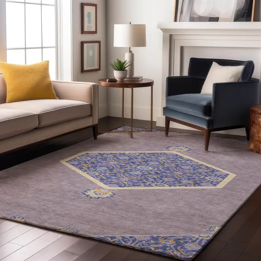 Lavender Blue And Gold Oriental Washable Area Rug With UV Protection Photo 4