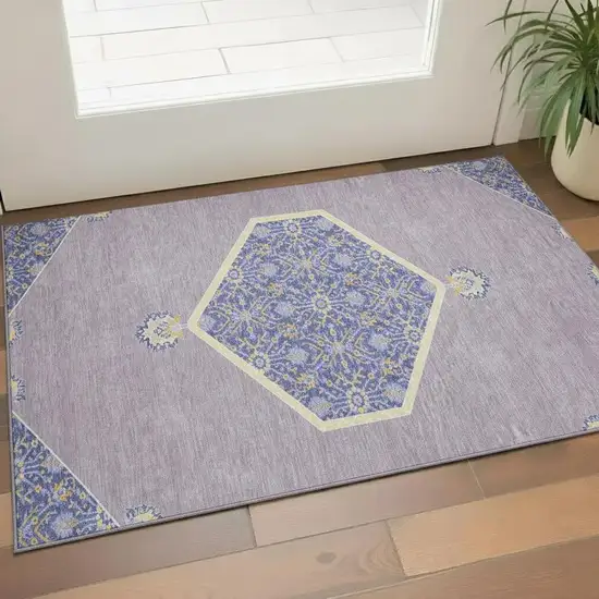 Lavender Blue And Gold Oriental Washable Area Rug With UV Protection Photo 1