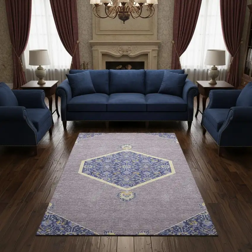 Lavender Blue And Gold Oriental Washable Area Rug With UV Protection Photo 2