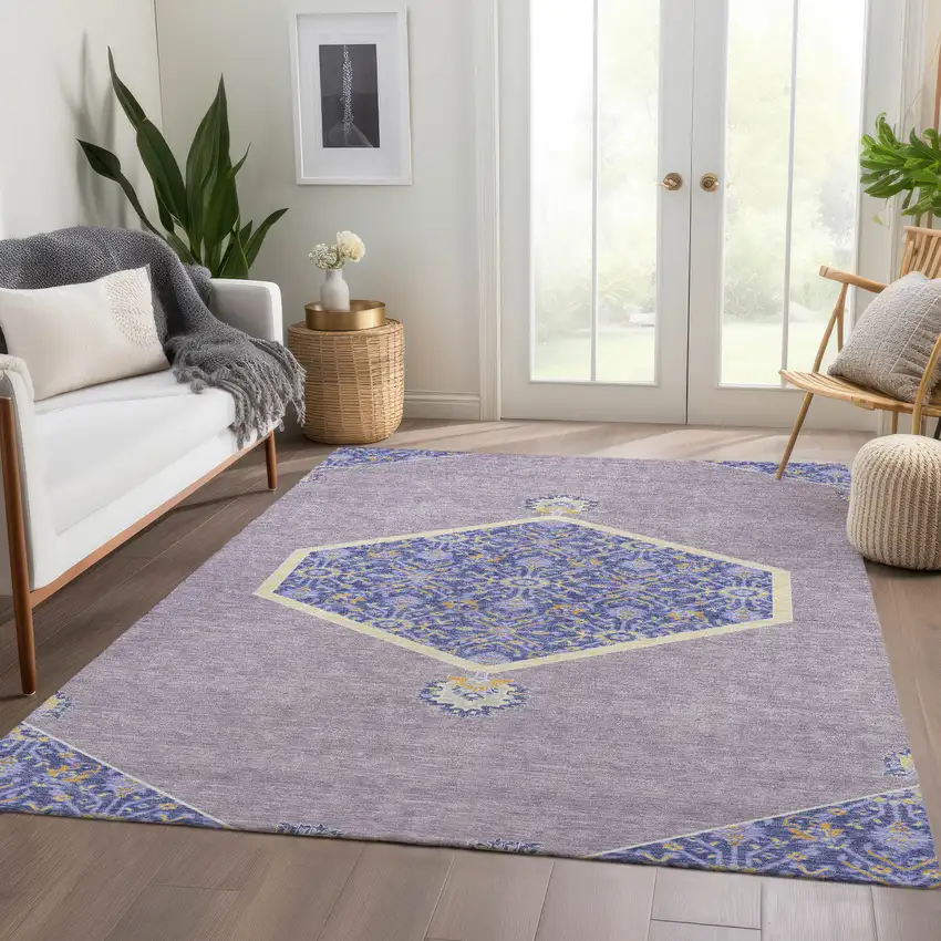 Lavender Blue And Gold Oriental Washable Area Rug With UV Protection Photo 5