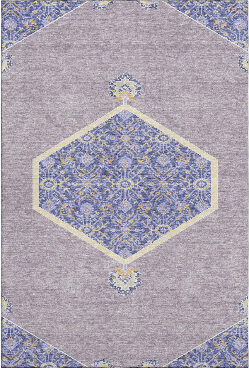 Lavender Blue And Gold Oriental Washable Area Rug With UV Protection Photo 1