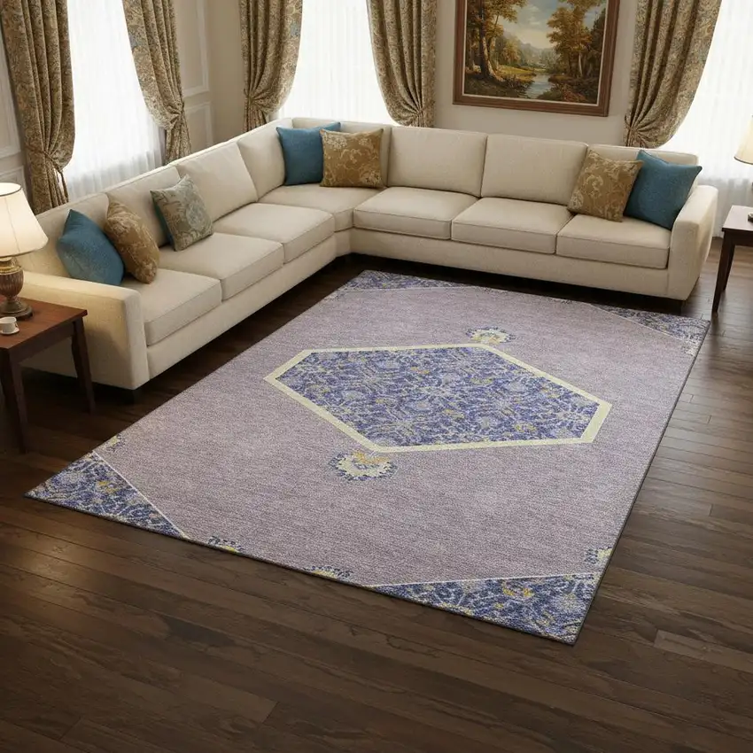 Lavender Blue And Gold Oriental Washable Area Rug With UV Protection Photo 2