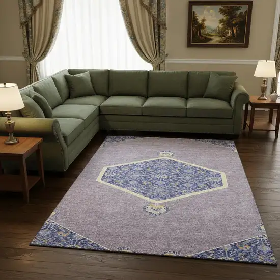 Lavender Blue And Gold Oriental Washable Area Rug With UV Protection Photo 2