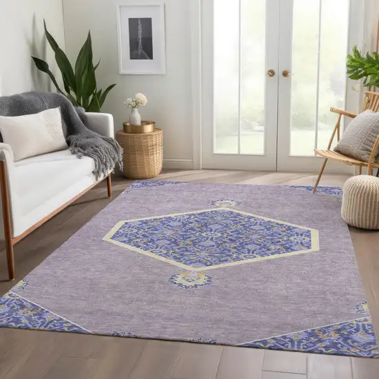 Lavender Blue And Gold Oriental Washable Area Rug With UV Protection Photo 5