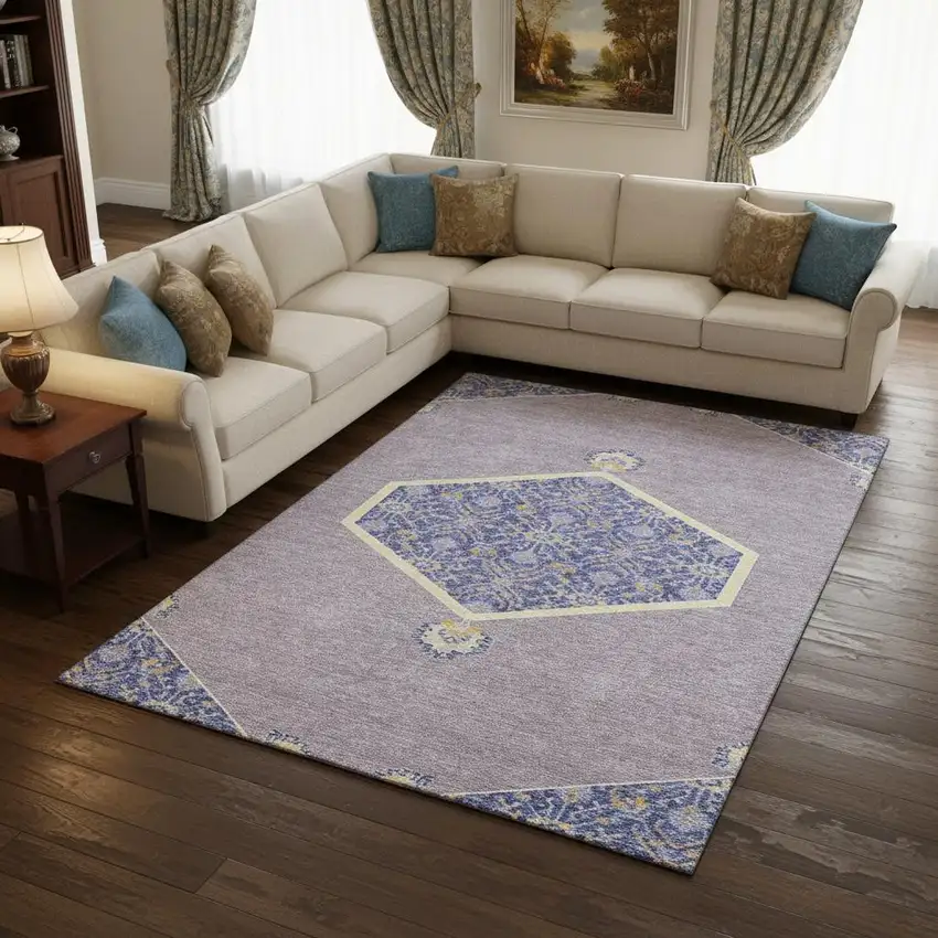 Lavender Blue And Gold Oriental Washable Area Rug With UV Protection Photo 2